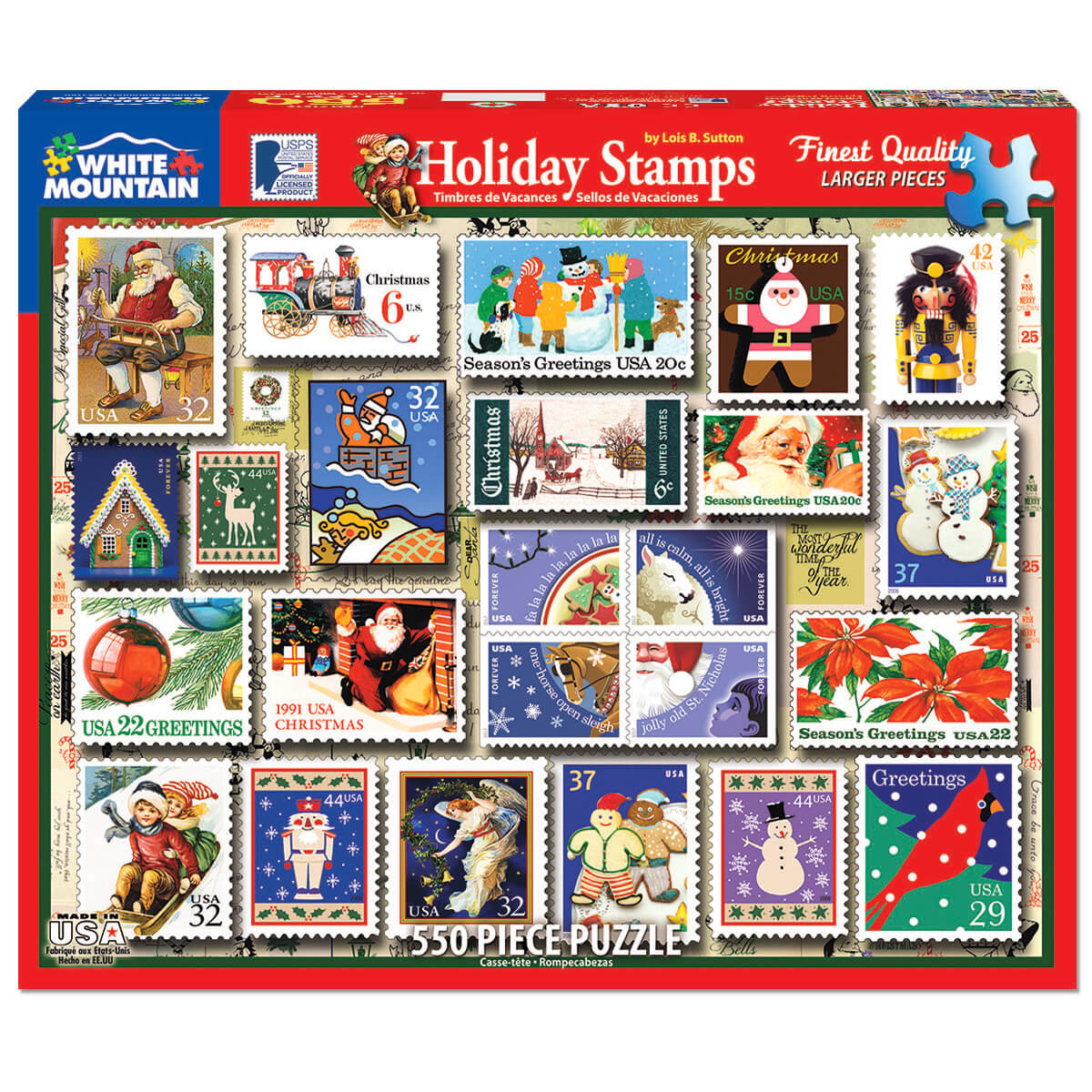White Mountain Puzzles Holiday Stamps 550 Piece Jigsaw Puzzle