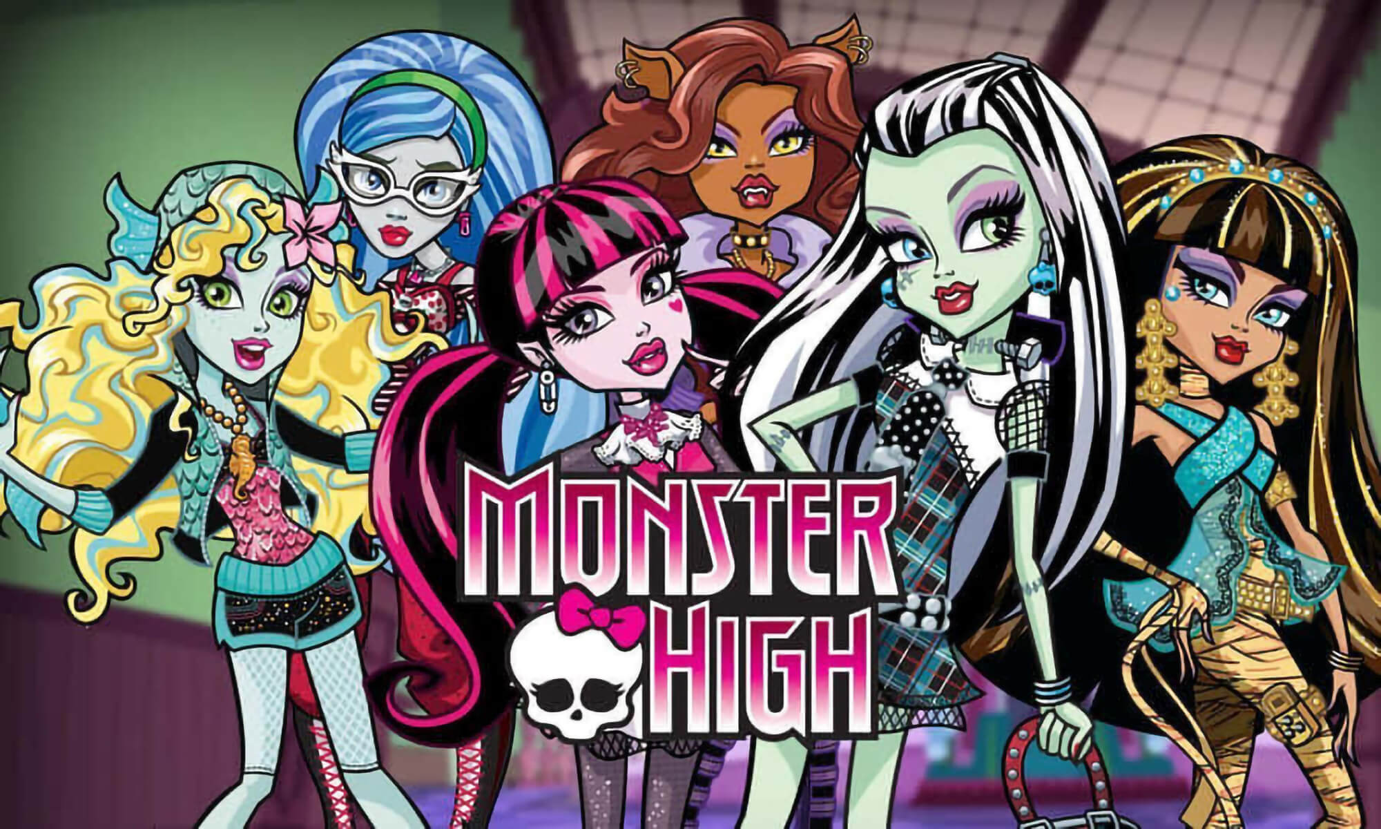 Monster High Logo in front of all the spooky characters.