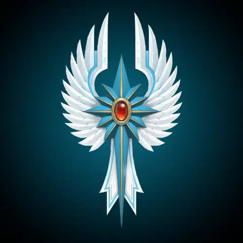 High Elf Realms Northstar logo from Warhammer: The Old World, featuring a silver-winged emblem with a blue star and a central red gemstone on a dark teal background.
