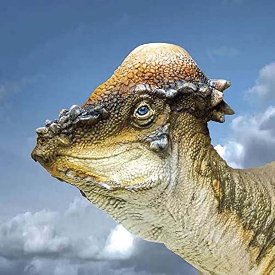 Realistic Pachycephalosaurus toy figure with a textured dome-shaped skull and lifelike details, set against a cloudy blue sky background."