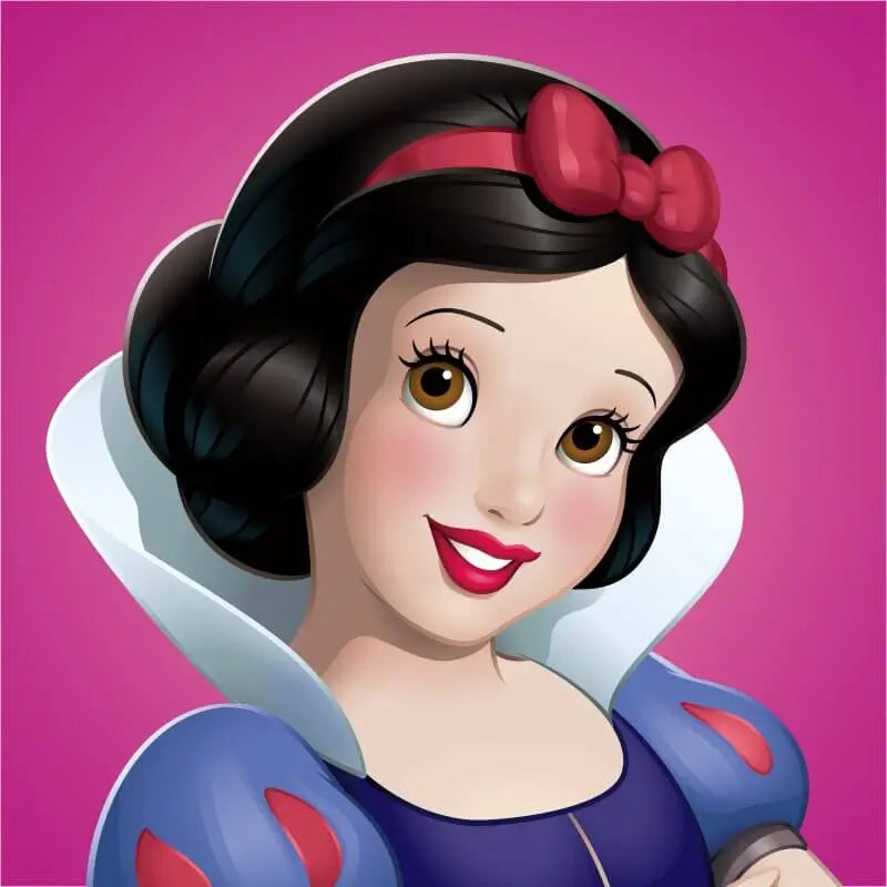 Snow White, with fair skin, black bobbed hair, and a red bow, smiles while holding a red apple. She wears her iconic blue and yellow dress with puffed sleeves and a white collar against a vibrant pink background.
