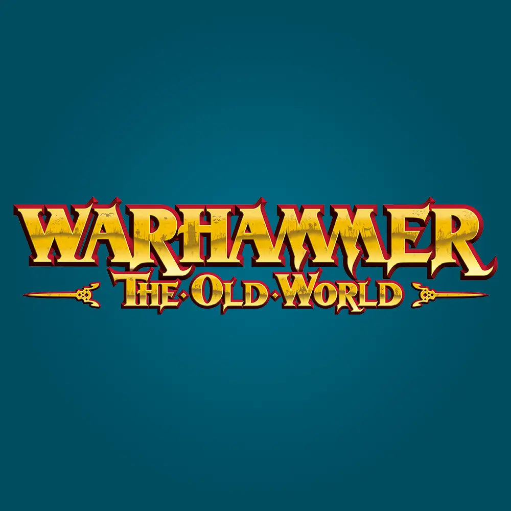Warhammer: The Old World logo with bold golden text, red accents, and sword-like details on a dark teal background.
