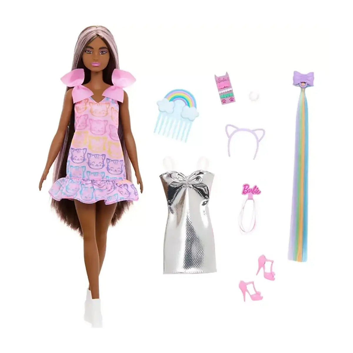 Barbie Fun & Fancy Doll & Accessories Brunette Fashion Doll With Extra-Long Hair what's included