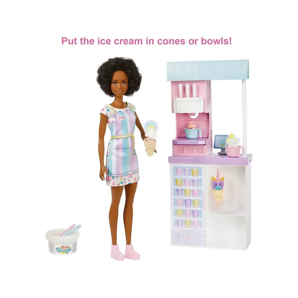 Barbie Ice Cream Shop Playset put the ice cream in cones or bowls