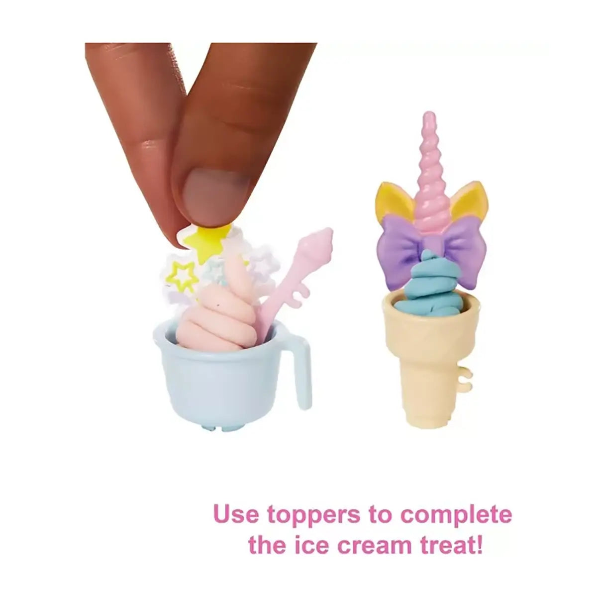 Barbie Ice Cream Shop Playset use toppers to complete ice cream treat