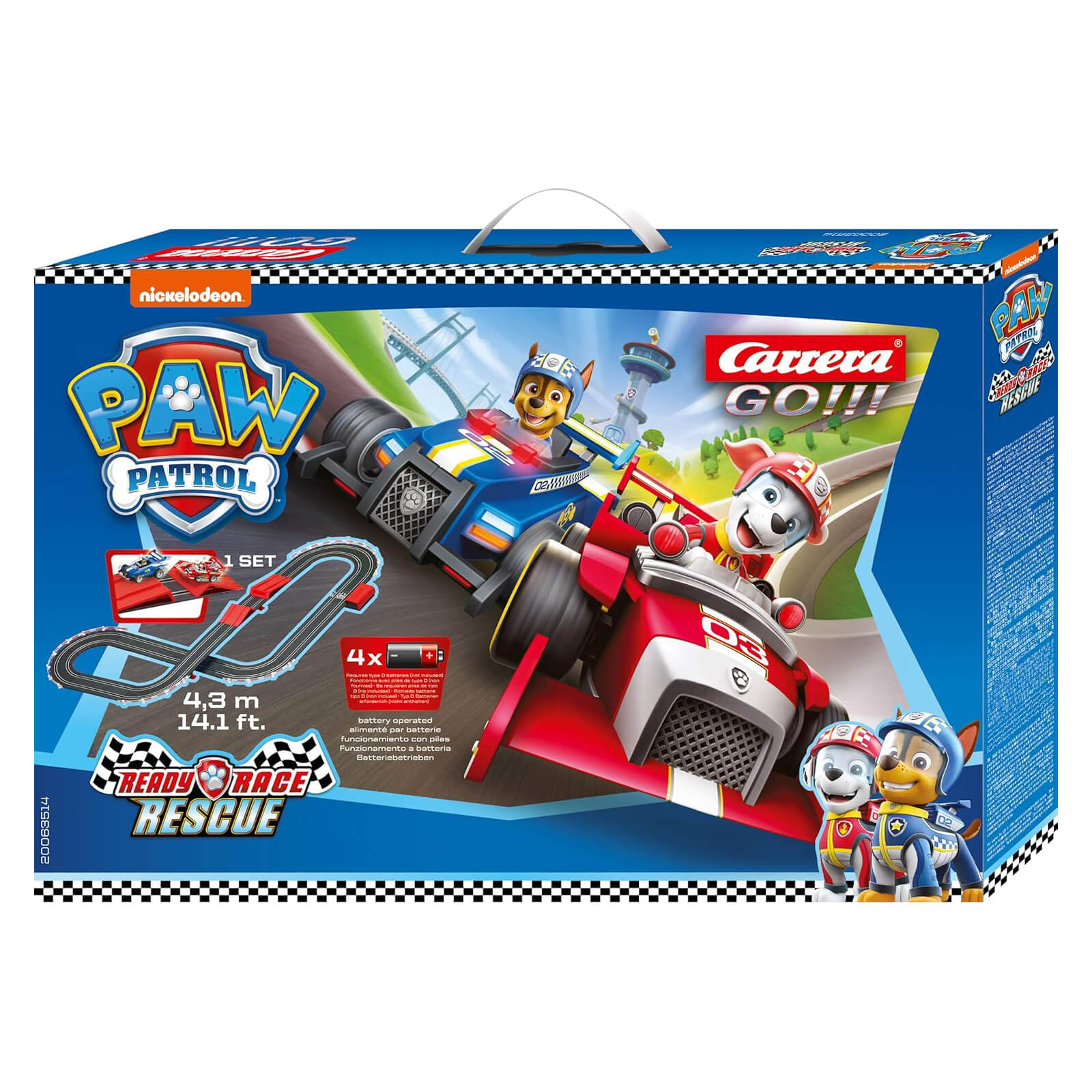 Carrera GO!!! PAW Patrol Ready Race Rescue Slot Car Set front of the box