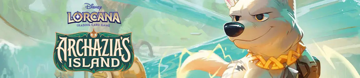 Disney Lorcana: Archazia’s Island promotional banner featuring Akela, confident and wearing a golden necklace and backpack. The background showcases a vibrant, tropical island with glowing magical energy.
