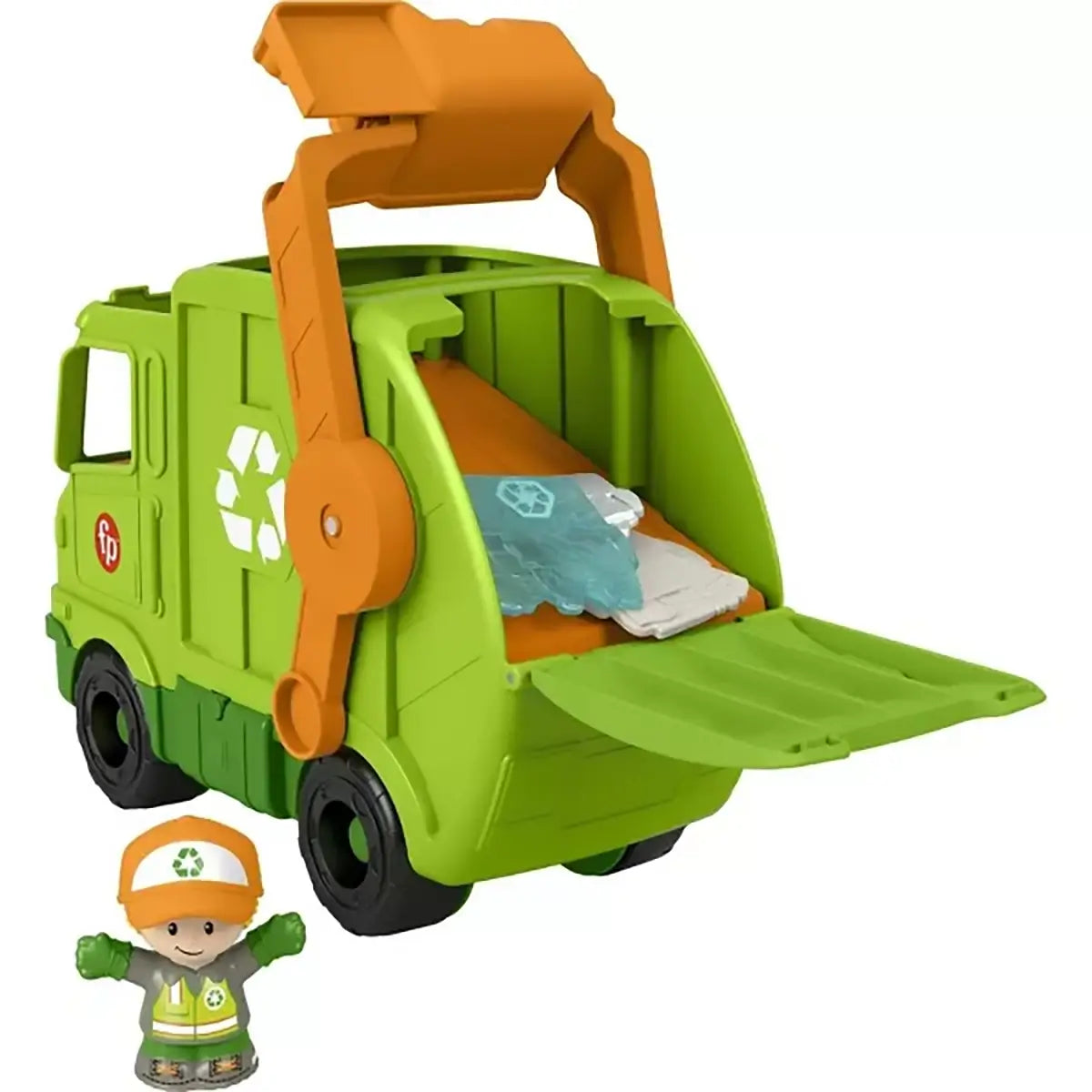 Fisher-Price Little People Recycling Truck Musical Toddler Garbage Toy Set back of truck open with recycling