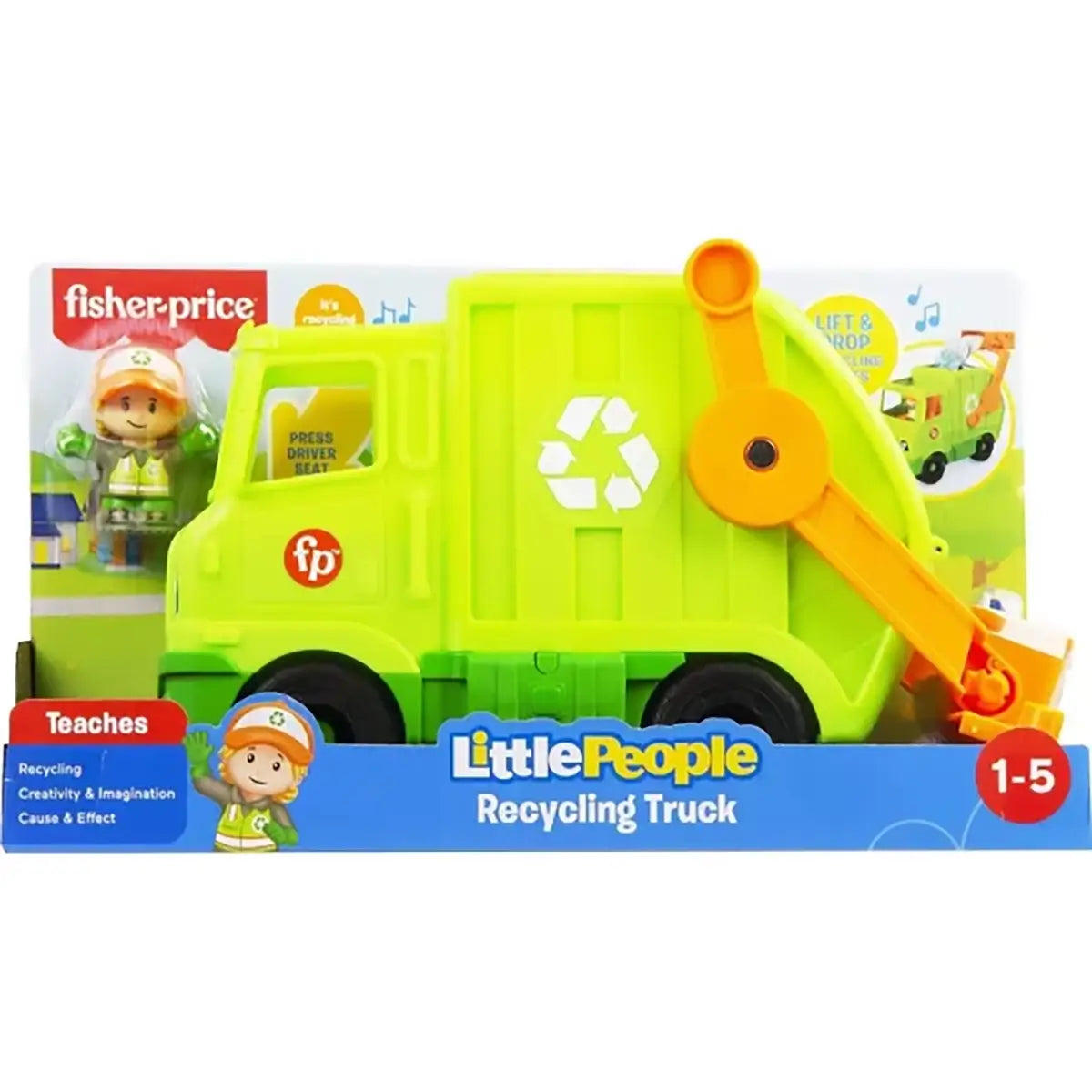 Fisher-Price Little People Recycling Truck Musical Toddler Garbage Toy Set packaging