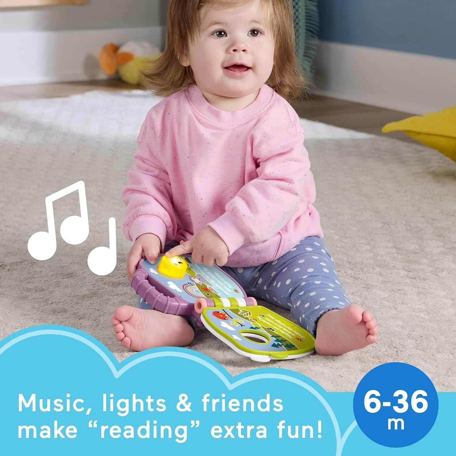 Fisher-Price Purple Monkey Musical Storybook Toy For Baby & Toddler With Lights & Sounds makes reading extra fun