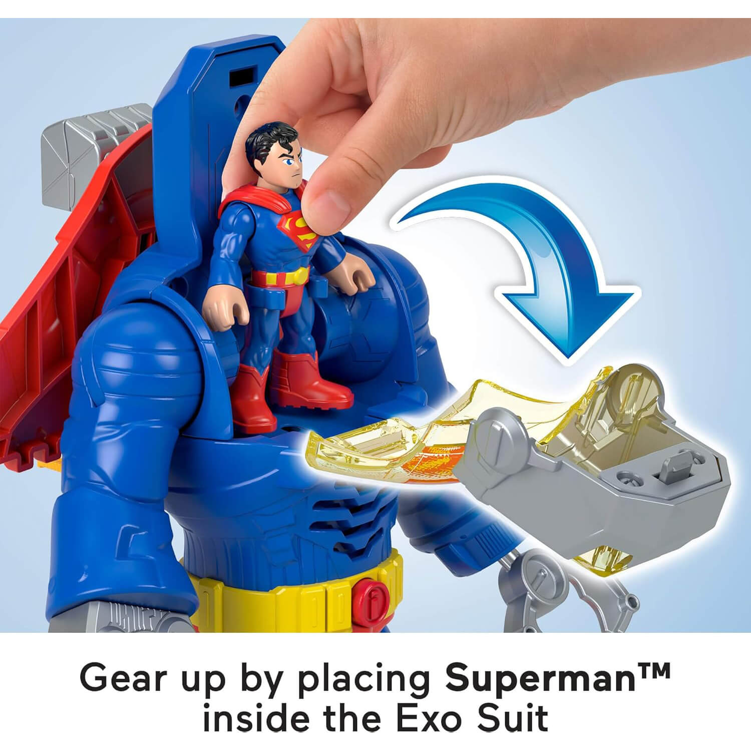 Imaginext DC Super Friends Superman Insider & Exo Suit Robot gear super man up by placing inside exo suit