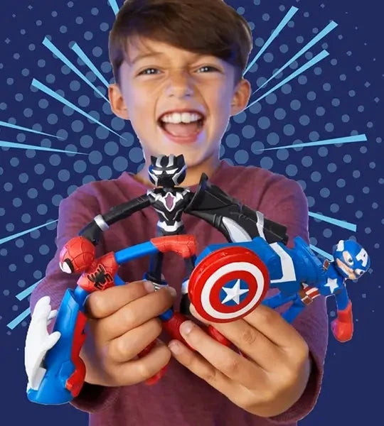  A young boy excitedly holds Marvel action figures, including Black Panther, Spider-Man, and Captain America, against a dynamic comic-style background.